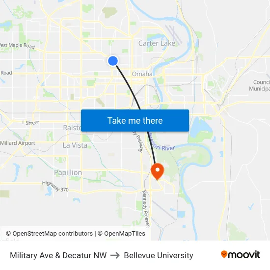 Military Ave & Decatur NW to Bellevue University map
