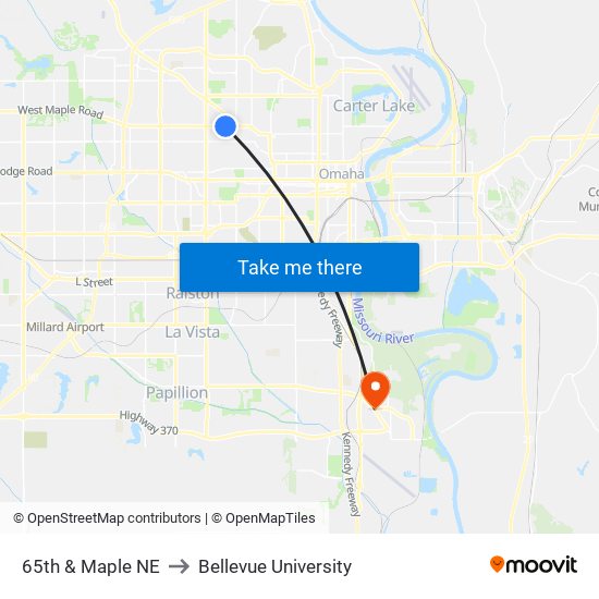 65th & Maple NE to Bellevue University map