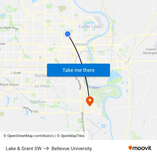 Lake & Grant SW to Bellevue University map