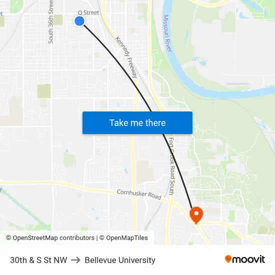 30th & S St NW to Bellevue University map