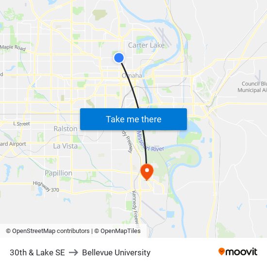 30th & Lake SE to Bellevue University map