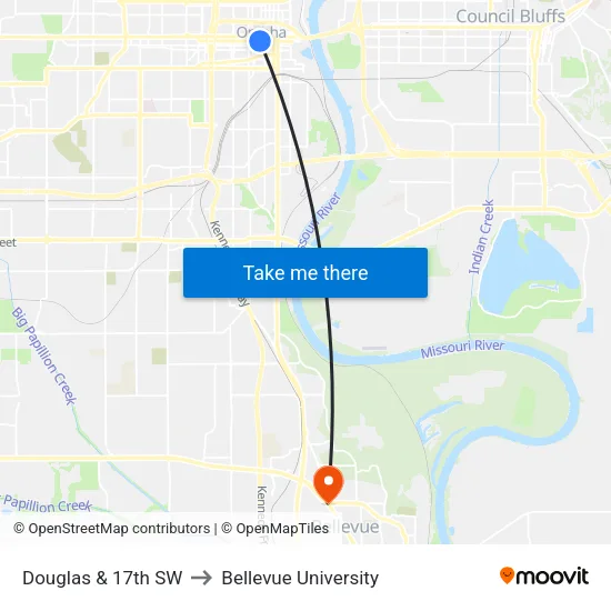 Douglas & 17th SW to Bellevue University map