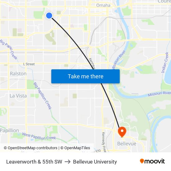 Leavenworth & 55th SW to Bellevue University map