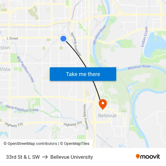 33rd St & L SW to Bellevue University map