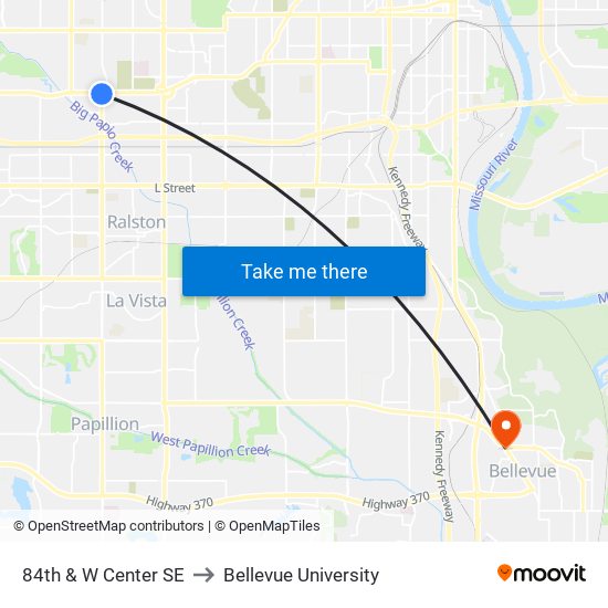 84th & W Center SE to Bellevue University map