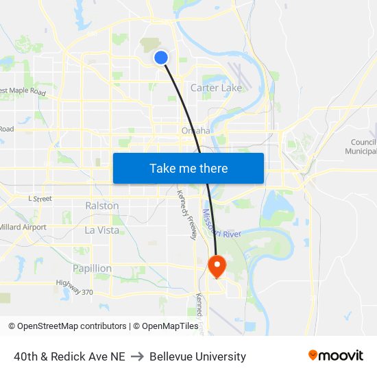 40th & Redick Ave NE to Bellevue University map