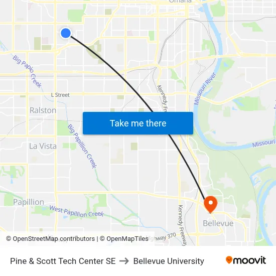 Pine & Scott Tech Center SE to Bellevue University map
