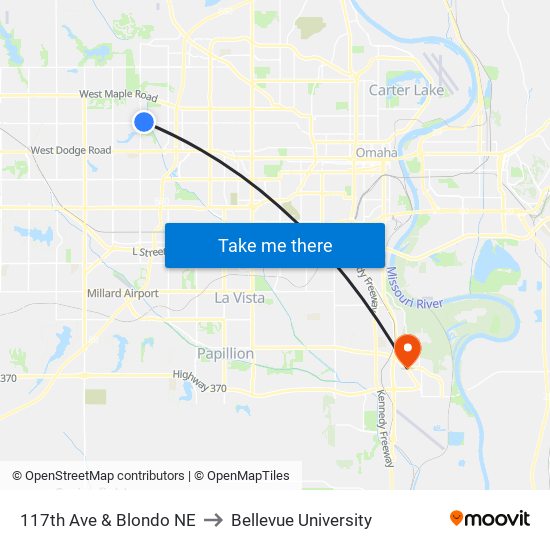 117th Ave & Blondo NE to Bellevue University map