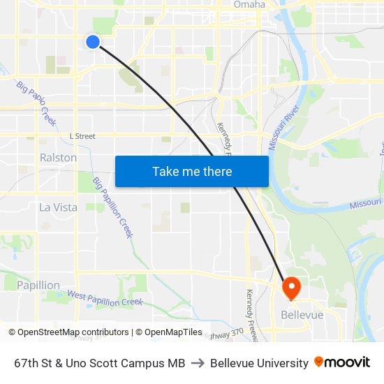 67th St & Uno Scott Campus MB to Bellevue University map