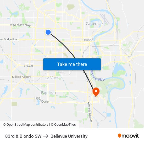 83rd & Blondo SW to Bellevue University map