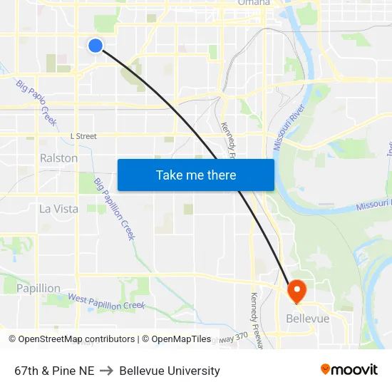 67th & Pine NE to Bellevue University map