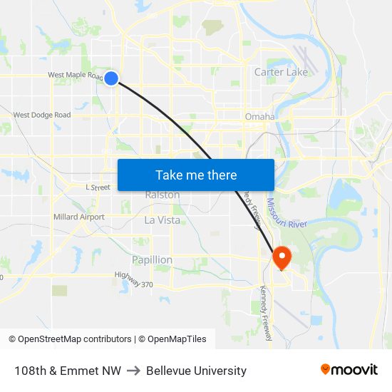 108th & Emmet NW to Bellevue University map