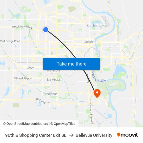 90th & Shopping Center Exit SE to Bellevue University map