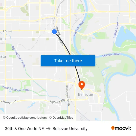 30th & One World NE to Bellevue University map