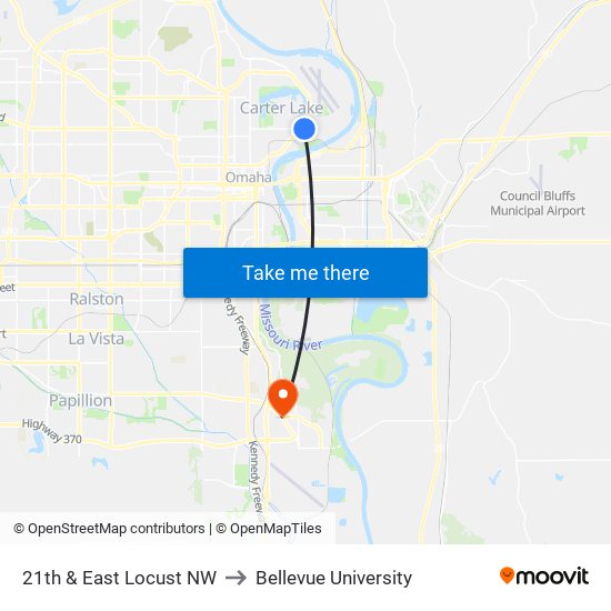 21th & East Locust NW to Bellevue University map