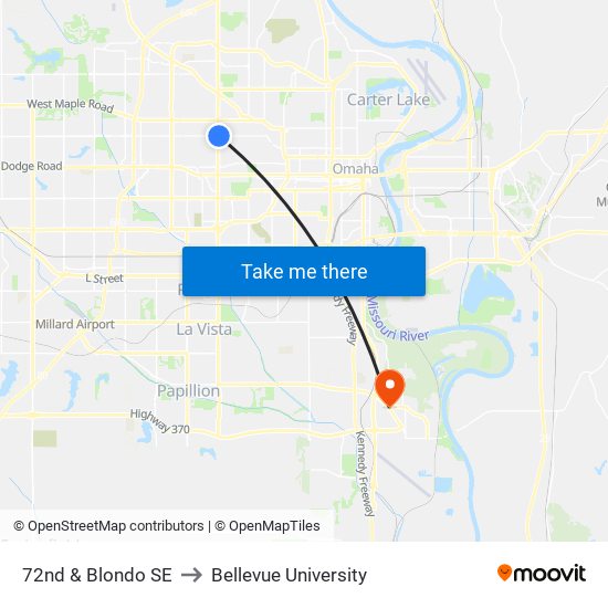 72nd & Blondo SE to Bellevue University map