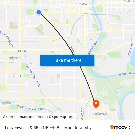 Leavenworth & 55th NE to Bellevue University map