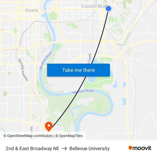 2nd & East Broadway NE to Bellevue University map