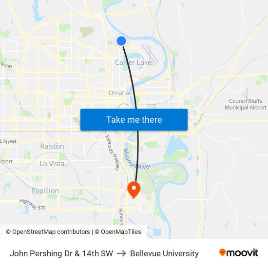 John Pershing Dr & 14th SW to Bellevue University map