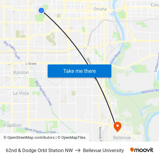 62nd & Dodge Orbt Station NW to Bellevue University map