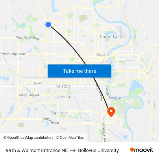 99th & Walmart Entrance NE to Bellevue University map