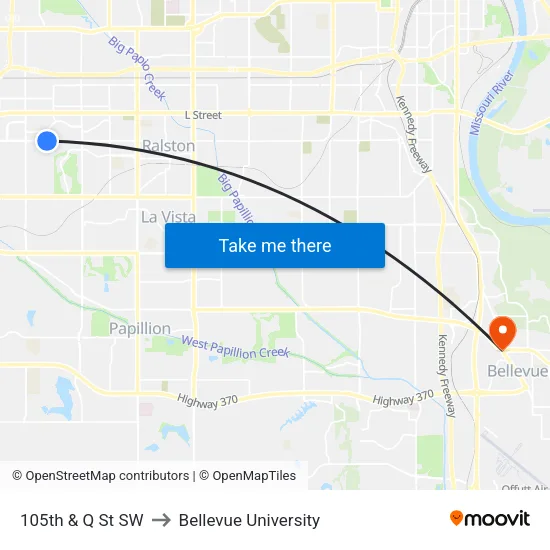 105th & Q St SW to Bellevue University map