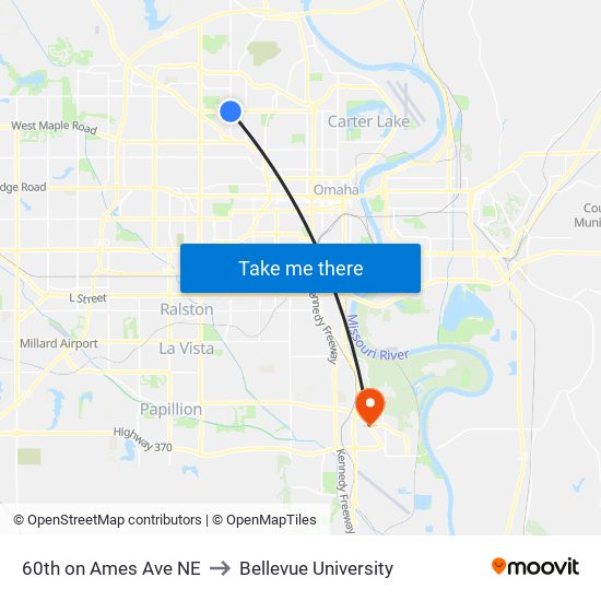 60th on Ames Ave NE to Bellevue University map