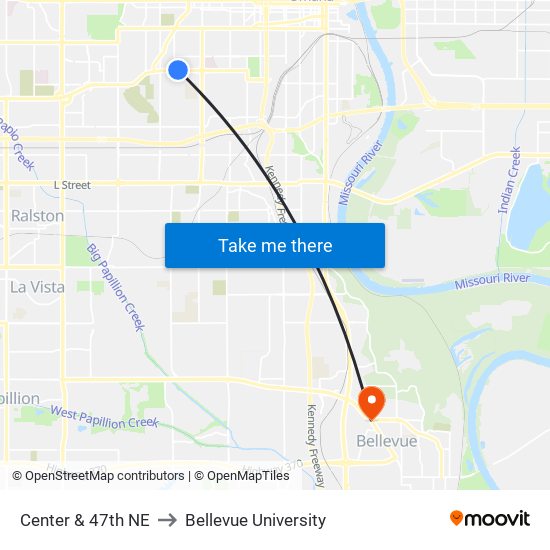 Center & 47th NE to Bellevue University map