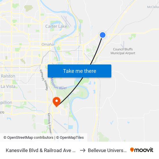 Kanesville Blvd & Railroad Ave SW to Bellevue University map