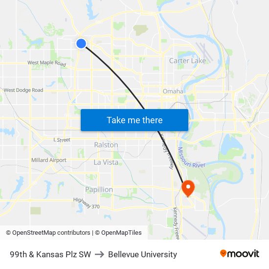 99th & Kansas Plz SW to Bellevue University map