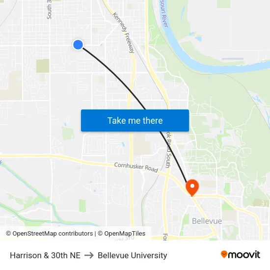 Harrison & 30th NE to Bellevue University map
