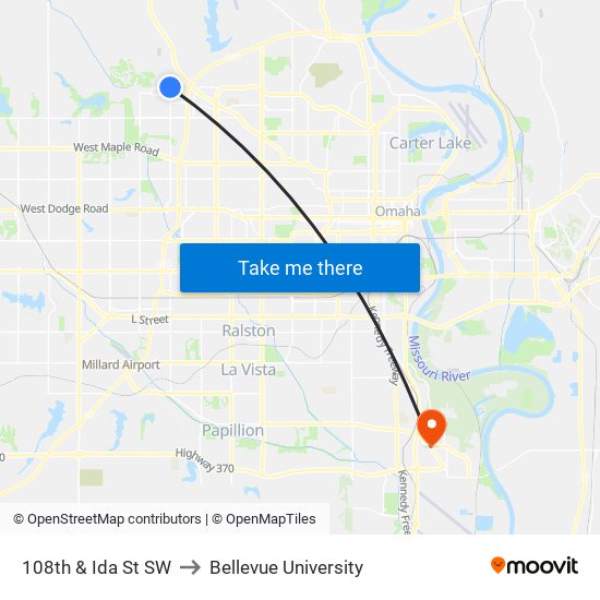 108th & Ida St SW to Bellevue University map