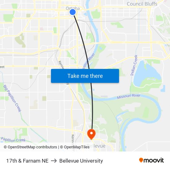 17th & Farnam NE to Bellevue University map