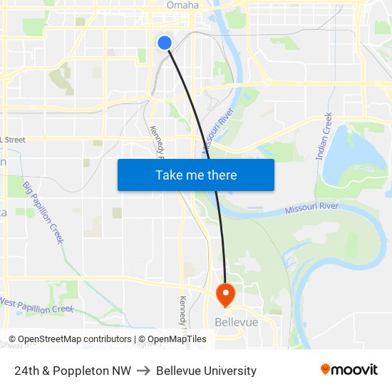 24th & Poppleton NW to Bellevue University map