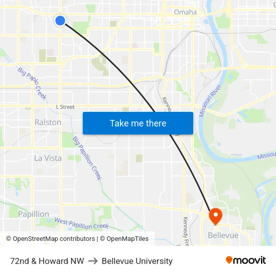 72nd & Howard NW to Bellevue University map
