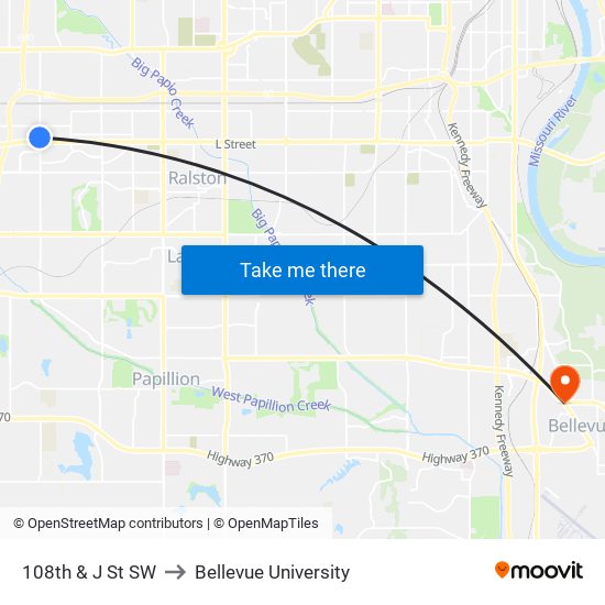 108th & J St SW to Bellevue University map