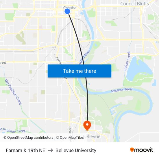 Farnam & 19th NE to Bellevue University map