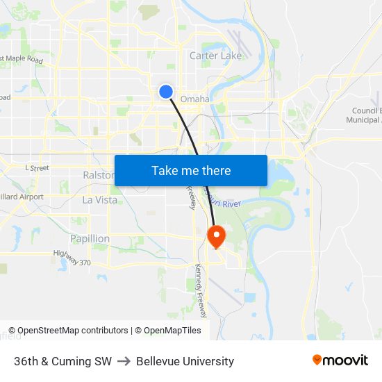 36th & Cuming SW to Bellevue University map