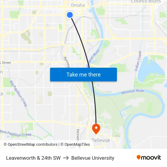 Leavenworth & 24th SW to Bellevue University map