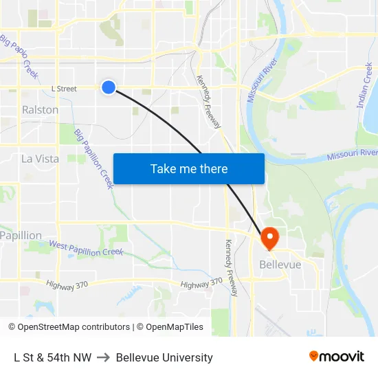L St & 54th NW to Bellevue University map