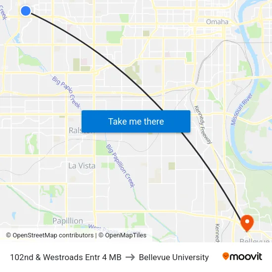 102nd & Westroads Entr 4 MB to Bellevue University map