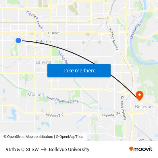 96th & Q St SW to Bellevue University map