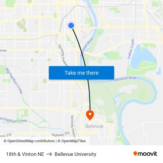 18th & Vinton NE to Bellevue University map