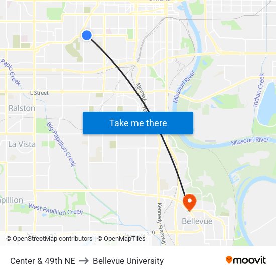 Center & 49th NE to Bellevue University map