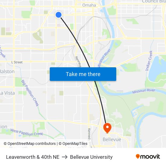 Leavenworth & 40th NE to Bellevue University map