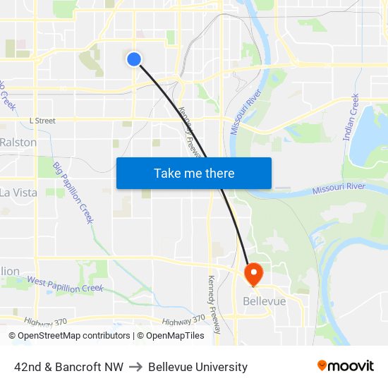 42nd & Bancroft NW to Bellevue University map