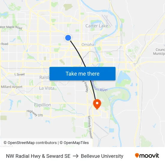 NW Radial Hwy & Seward SE to Bellevue University map