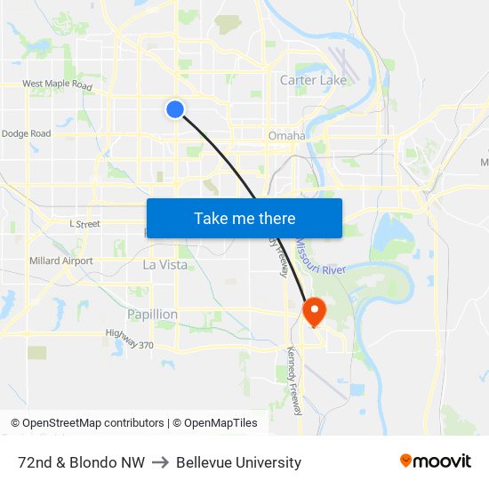 72nd & Blondo NW to Bellevue University map