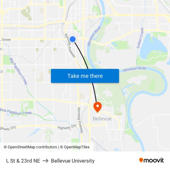 L St & 23rd NE to Bellevue University map