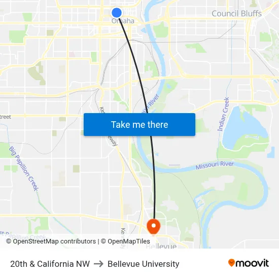 20th & California NW to Bellevue University map
